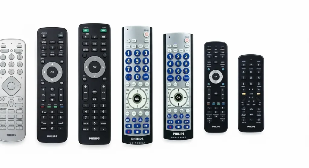 Comparison of Philips TV remote controls showing different button configurations