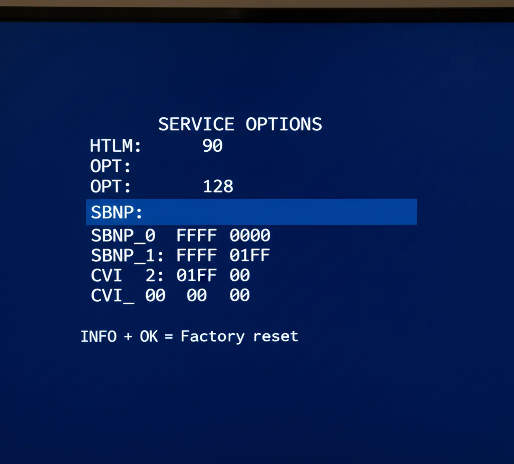 Philips TV service menu screen displaying technical settings and options
