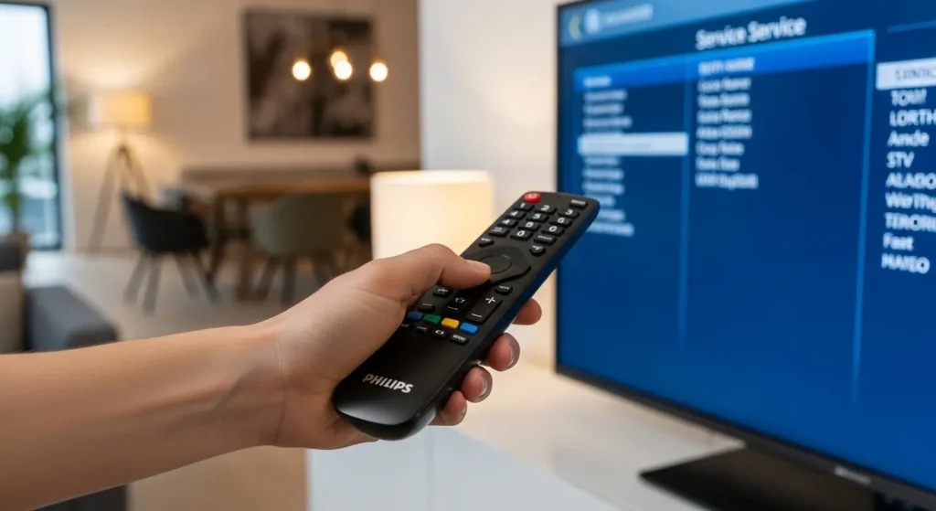 Hand holding Philips remote control accessing service menu on LED TV screen