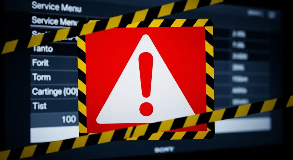 Red warning symbol over Sony TV service menu screen