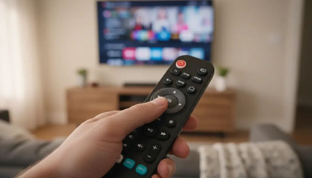 Hand pressing OK button on ONN remote pointing at television for automatic code programming