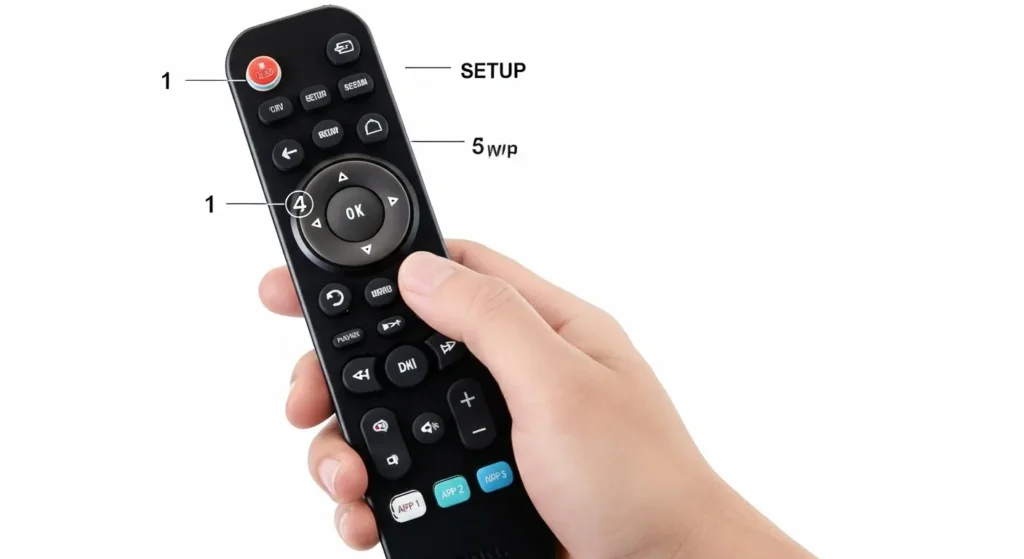 Diagram of ONN remote programming steps showing setup button device button and number pad
