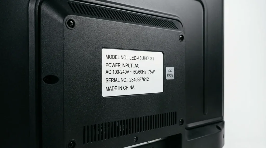 Back label of a Cello TV showing model number for service menu code reference