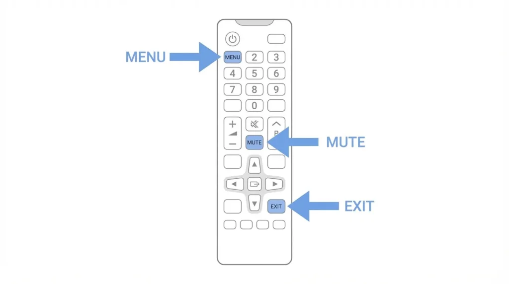 TV remote control with Menu, Mute and Exit buttons highlighted for Cello service menu access
