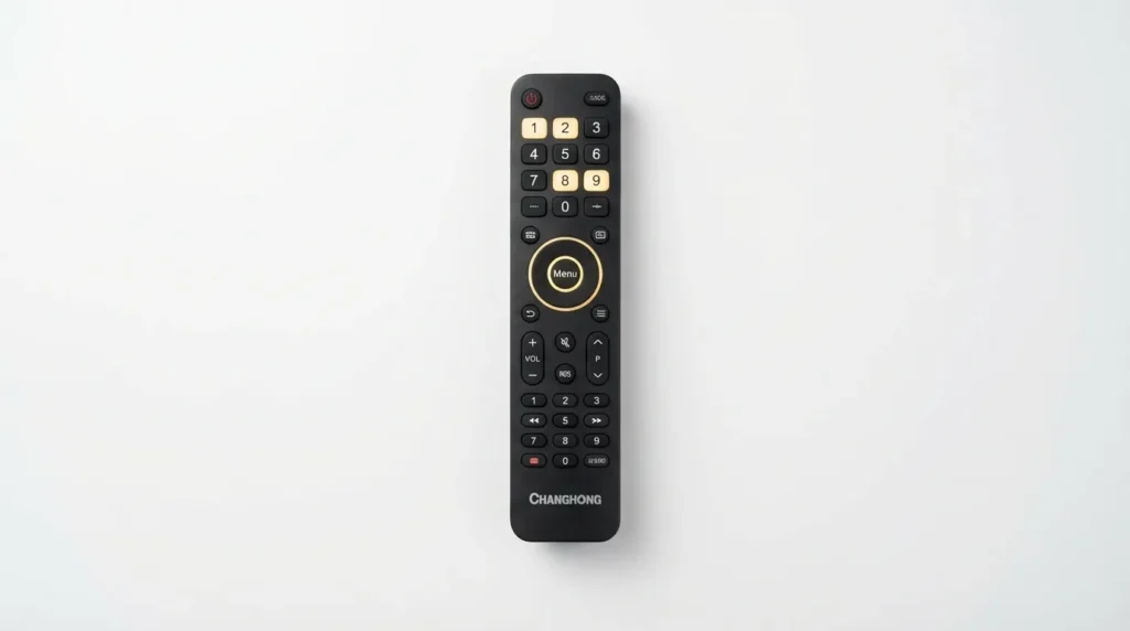 Changhong Ruba remote control showing Menu and number buttons for service menu access