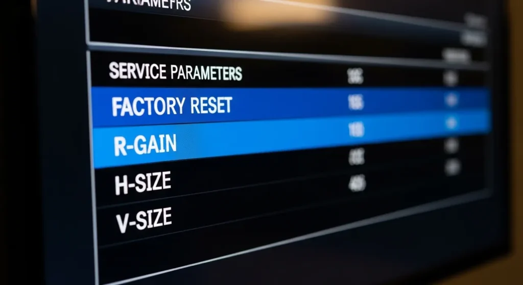 Daewoo TV service menu screen displaying picture and factory reset parameters