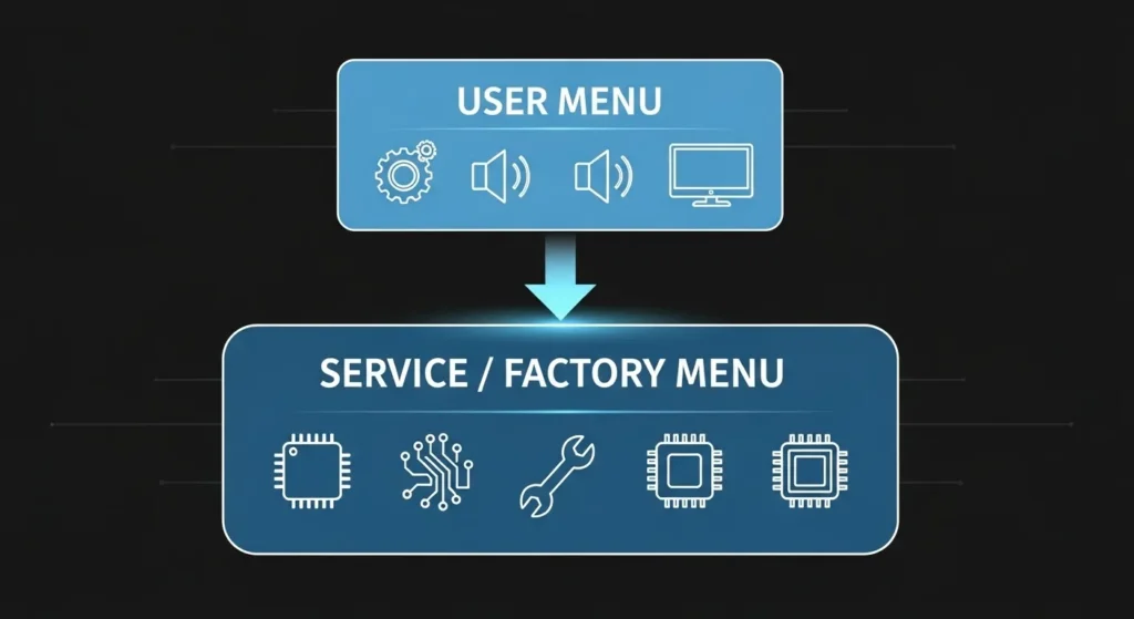 Diagram showing Daewoo TV user menu and service menu layer structure