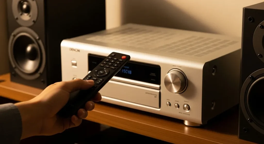 Hand using universal remote on Denon receiver.