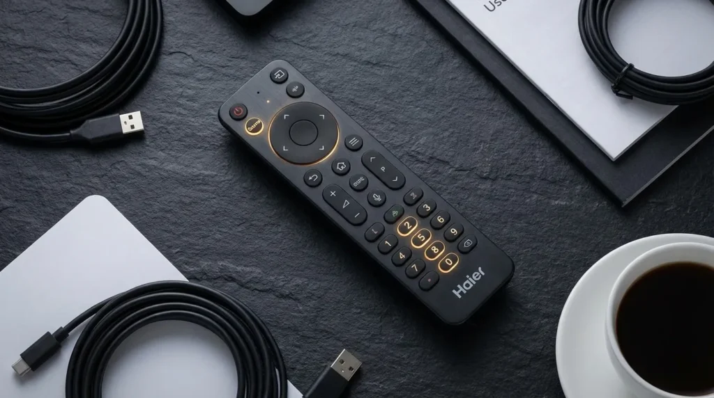 Haier remote control with Source and number buttons highlighted for service menu access sequence