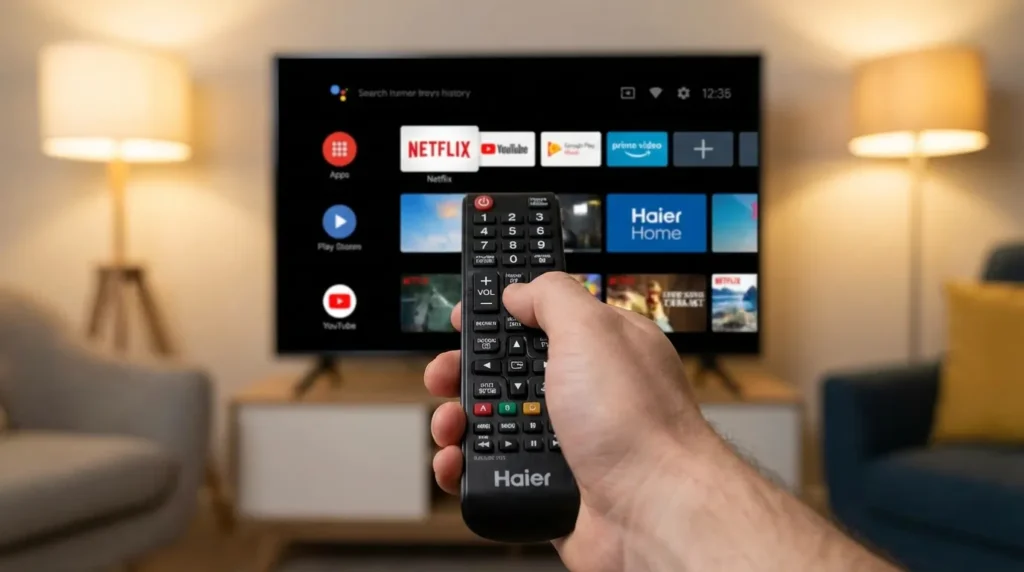 Person pointing Haier remote at TV to enter service menu code sequence