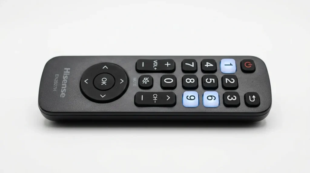 Hisense TV remote control with number keys used to enter service menu code