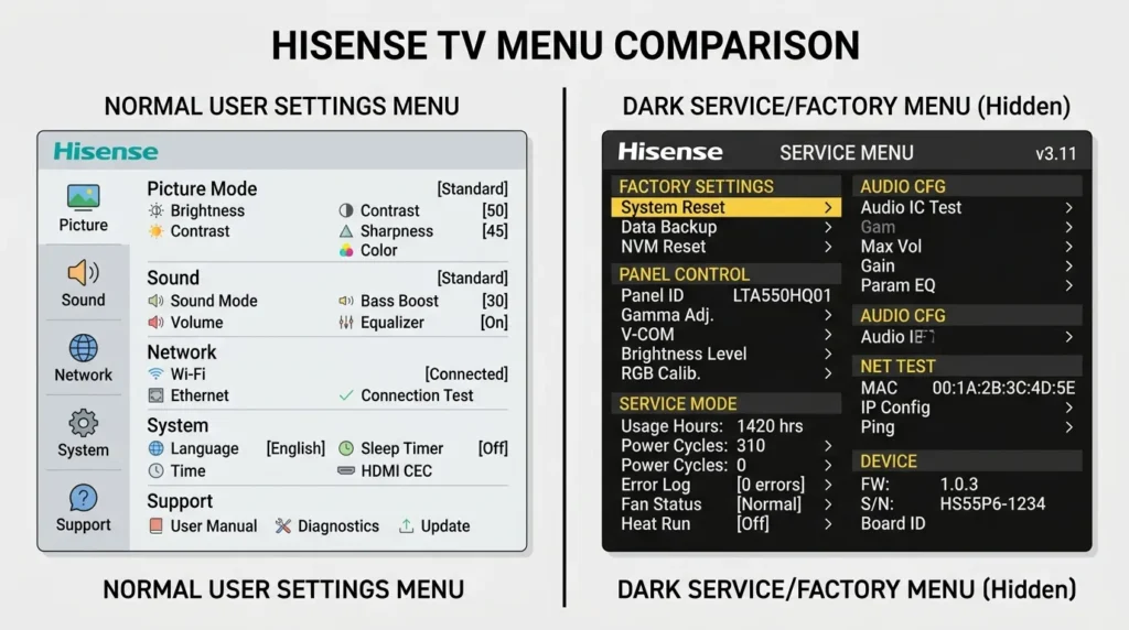 Comparison of Hisense normal settings menu versus service menu interface
