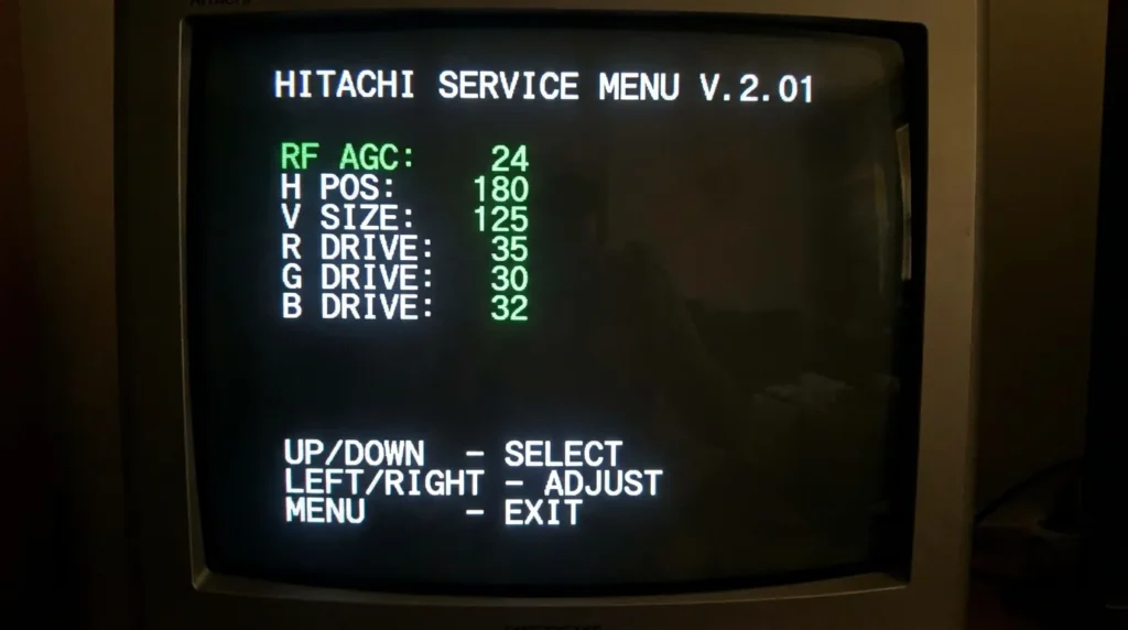 Hitachi TV service menu screen showing calibration parameters