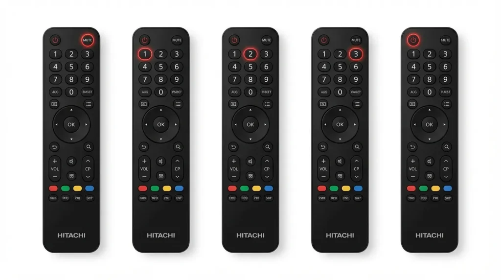 Hitachi TV remote showing service menu code button sequence