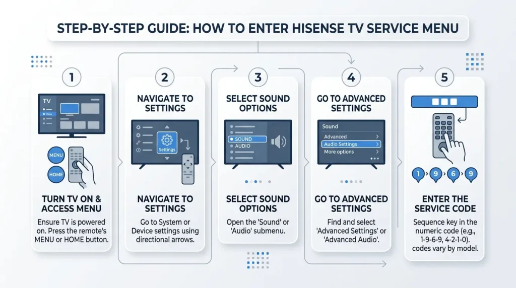 Infographic showing steps to access Hisense TV service menu with remote control