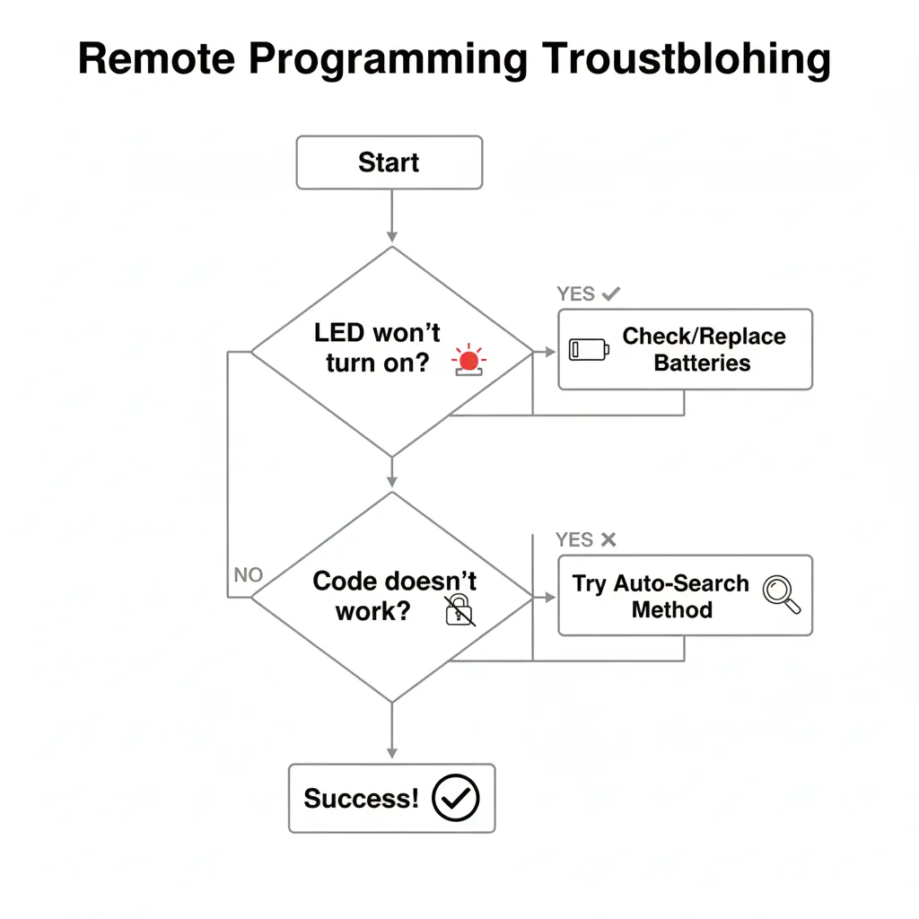 Flowchart showing troubleshooting steps for common Insignia universal remote programming problems