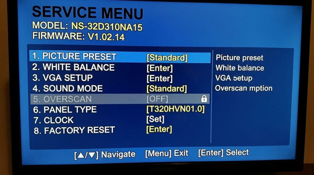 Insignia TV service menu screen showing greyed out overscan setting that cannot be adjusted