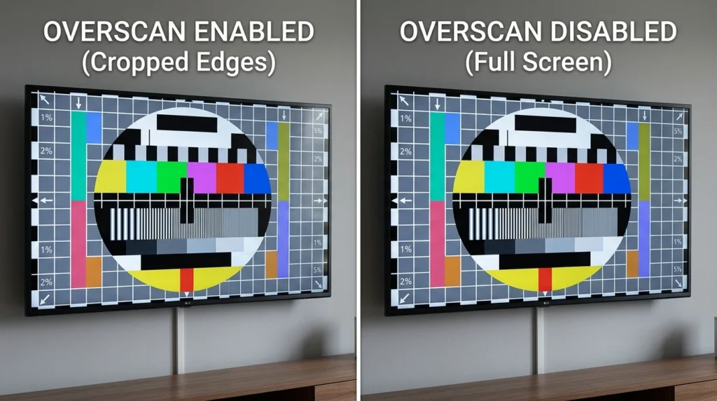 Comparison of Insignia TV screen with overscan on versus off showing edge cropping difference