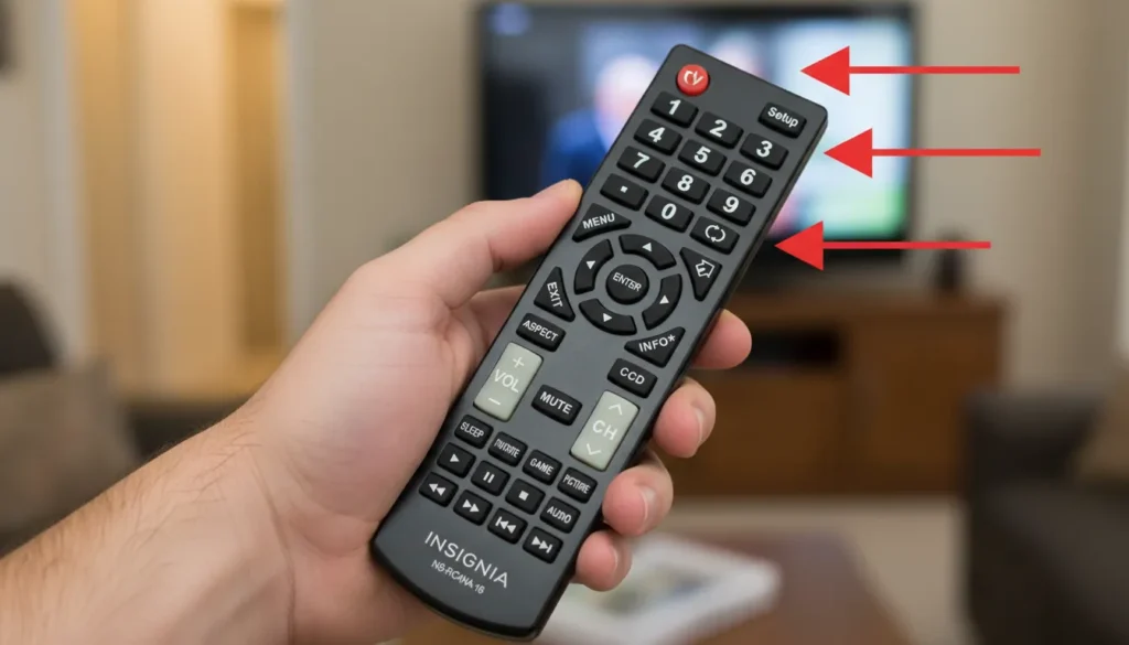 Insignia universal remote control showing Setup button, TV button, and number pad for programming