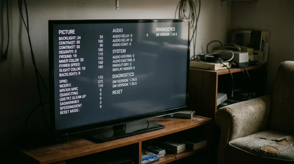 JVC LED TV screen showing service menu interface with categories and numeric values