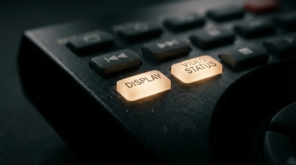 Close-up of JVC original remote showing the DISPLAY and VIDEO STATUS buttons highlighted