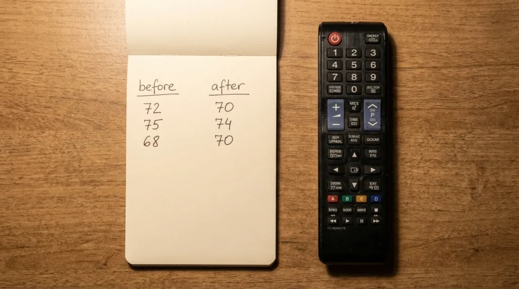 Notepad with handwritten TV service menu values next to a JVC remote control