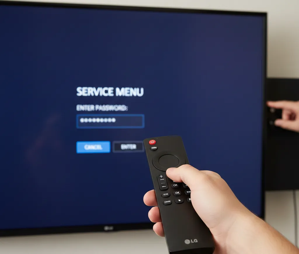 Hand demonstration of LG TV service menu access button combination with remote and panel
