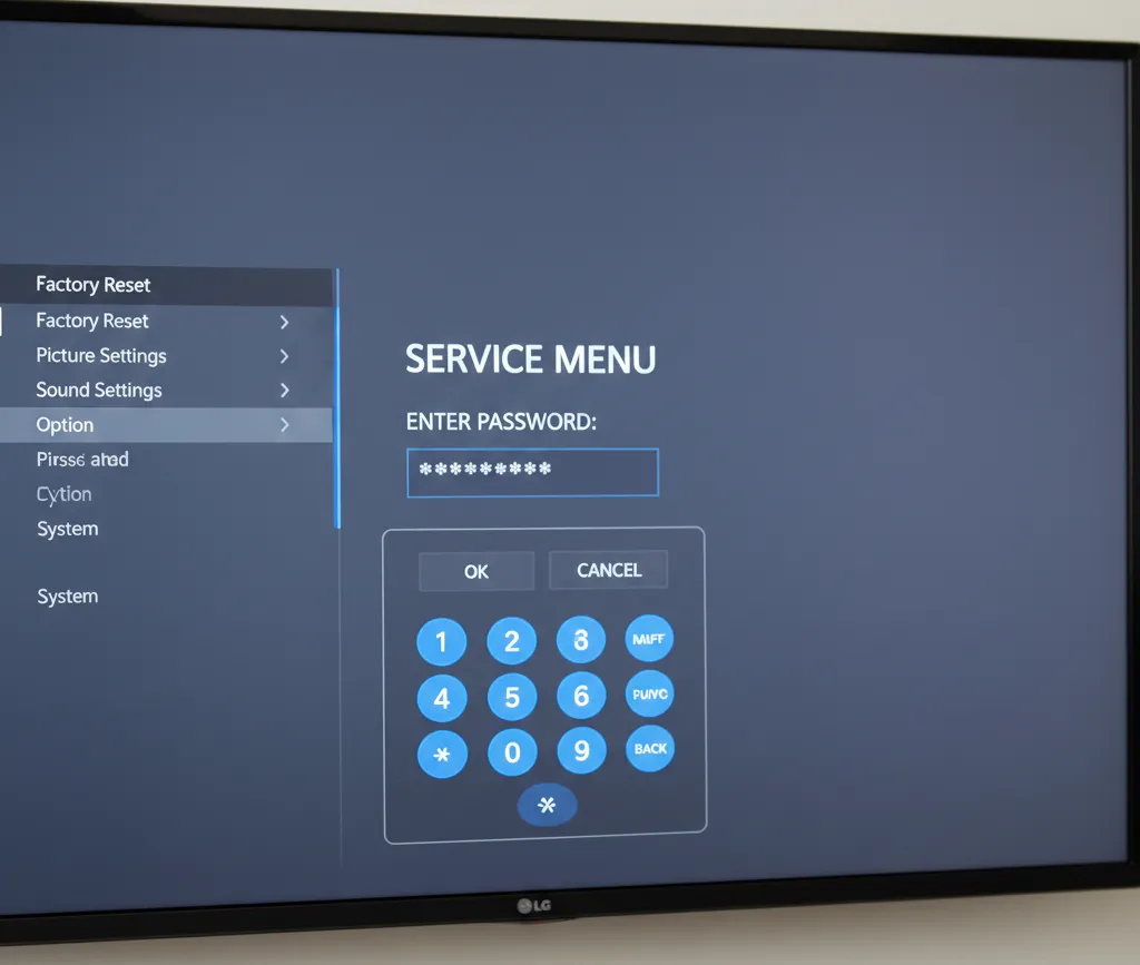 LG TV service menu password entry interface showing code input screen