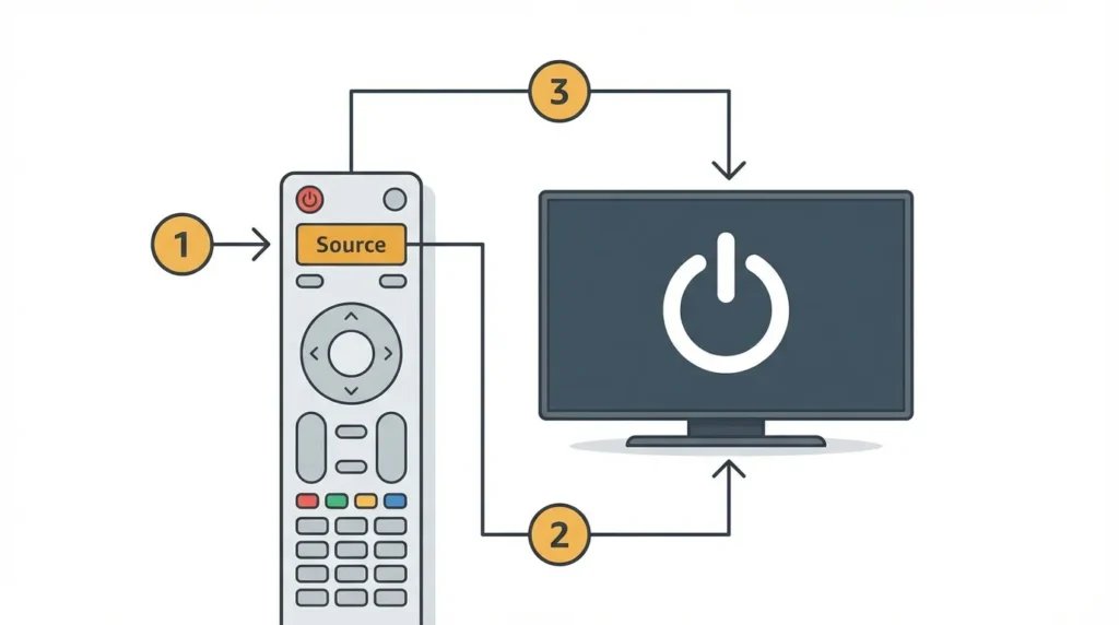 Diagram showing Source button and Power button sequence for Logik TV service menu access