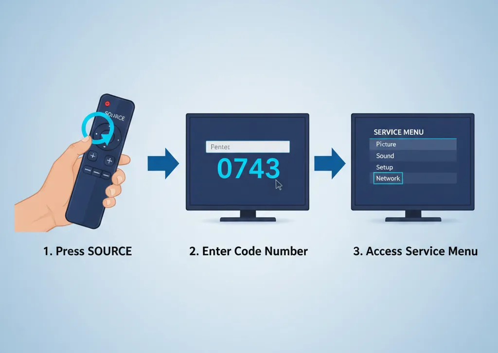 Step-by-step illustration of accessing Micromax TV service menu with SOURCE button method