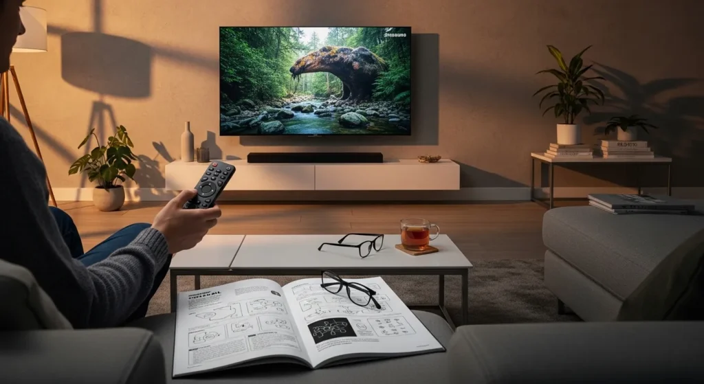 Person programming One For All universal remote control while pointing it at Samsung TV in living room