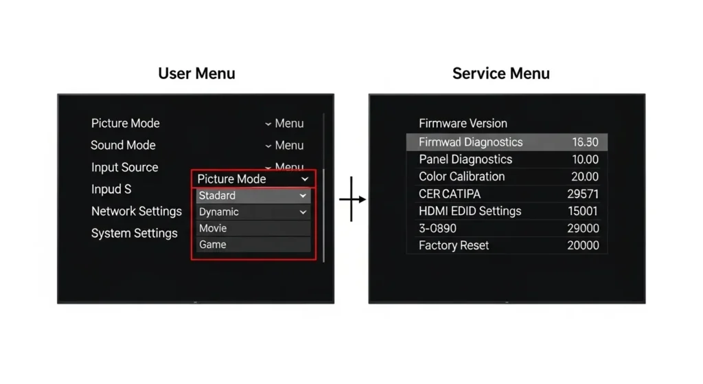 Comparison of Onida TV user menu versus service menu screen layout