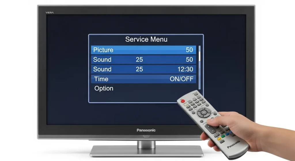 Panasonic Viera LCD TV with service menu displayed on screen