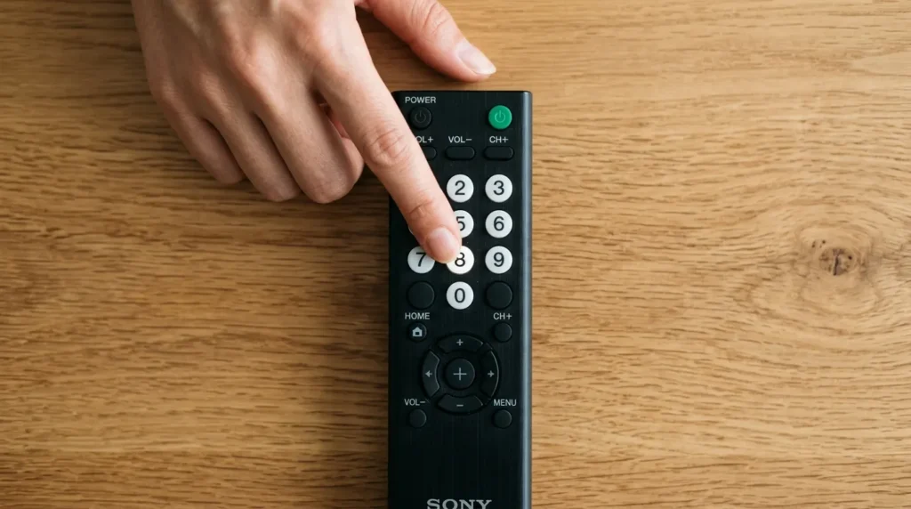 Hand pressing service menu code 8523 on a Sansui TV remote control