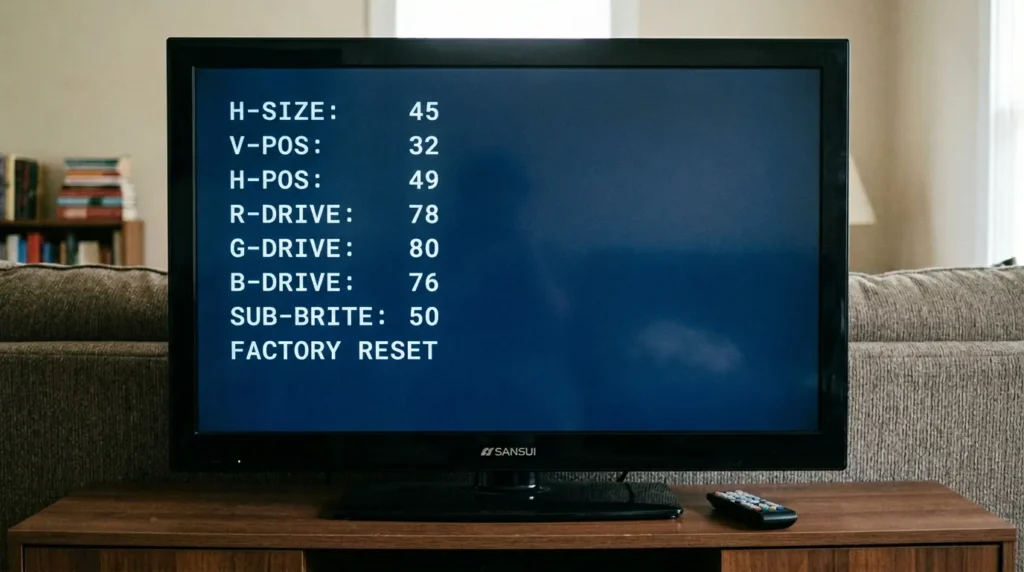 Sansui TV service menu with parameters displayed on screen