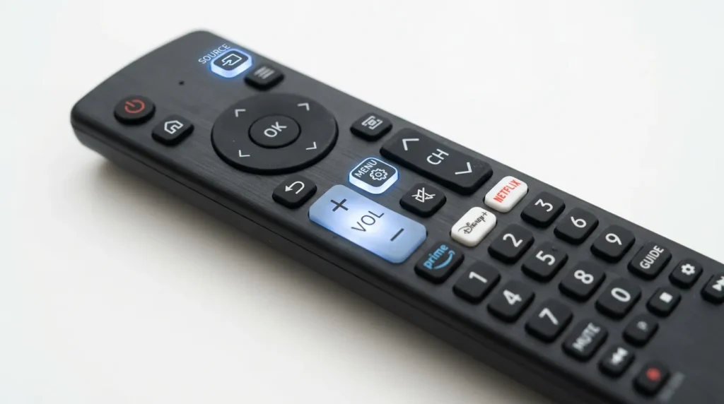 TV remote control with Source, Menu, and Volume buttons highlighted for Skyworth service menu access