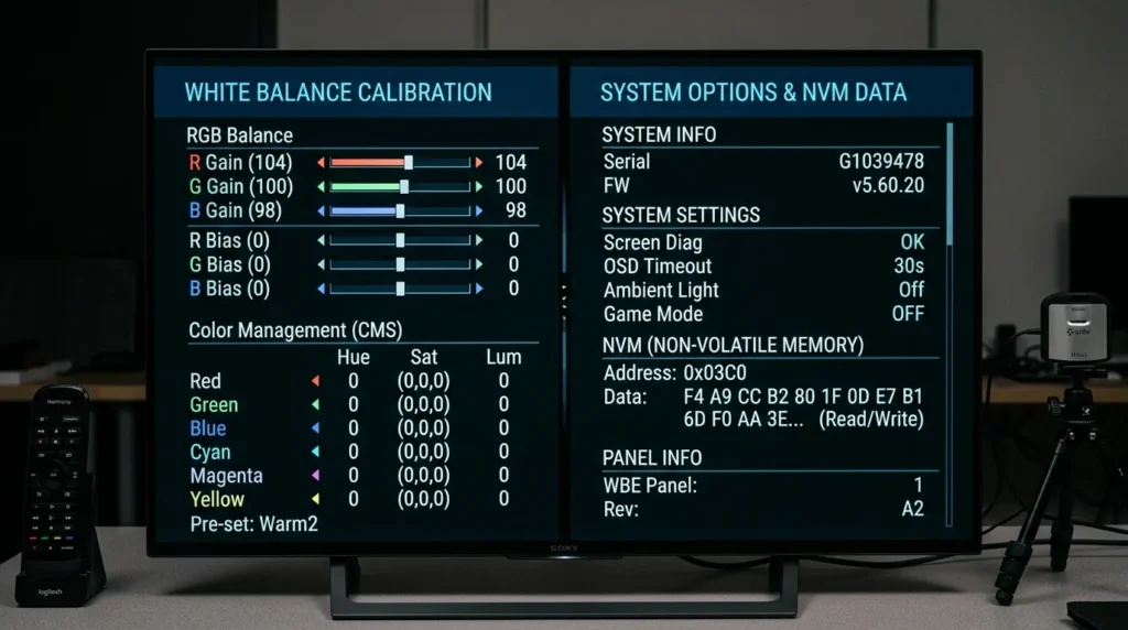 Skyworth TV service menu screen showing white balance, system, and NVM settings