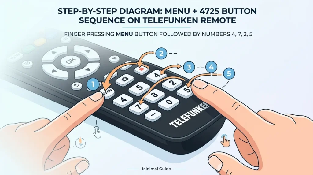 Step-by-step diagram showing Menu + 4725 button sequence on Telefunken remote