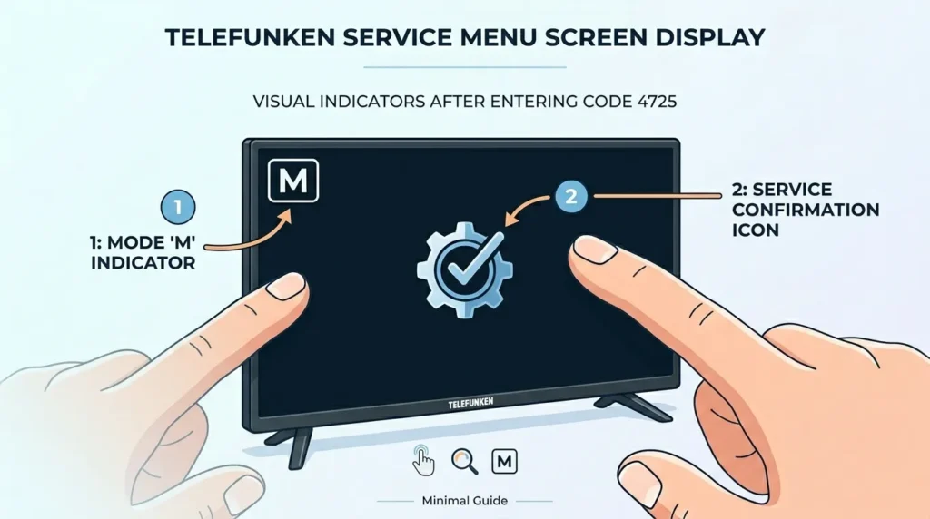 Telefunken TV screen displaying M indicator for service menu access