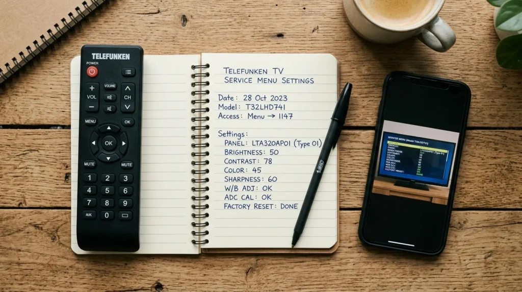 Telefunken remote control with notepad and pen for documenting service menu settings