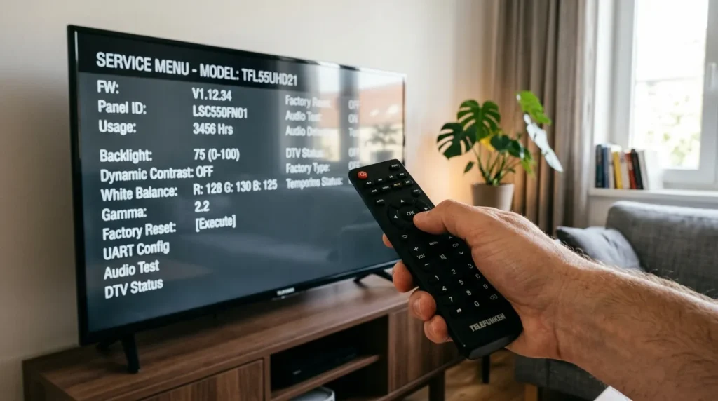 Hand holding Telefunken remote control accessing service menu on TV screen