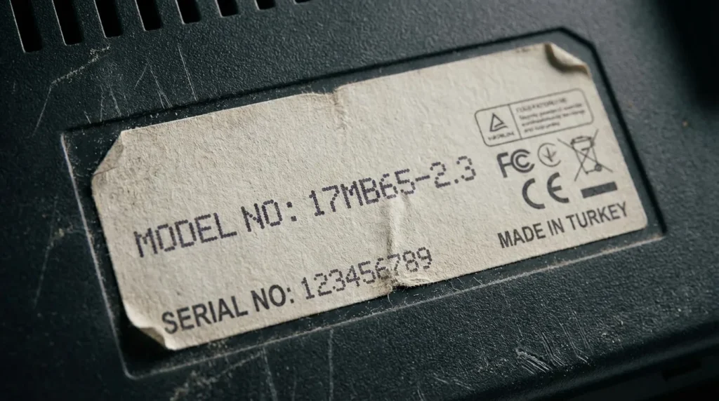 Vestel TV chassis model number sticker on back panel showing 17MB series