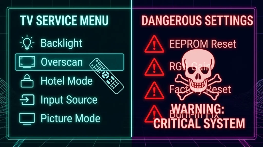 Vestel TV service menu showing safe settings versus dangerous settings not to change