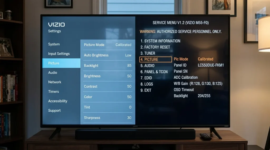 Vizio standard settings menu compared to service menu overlay on TV screen