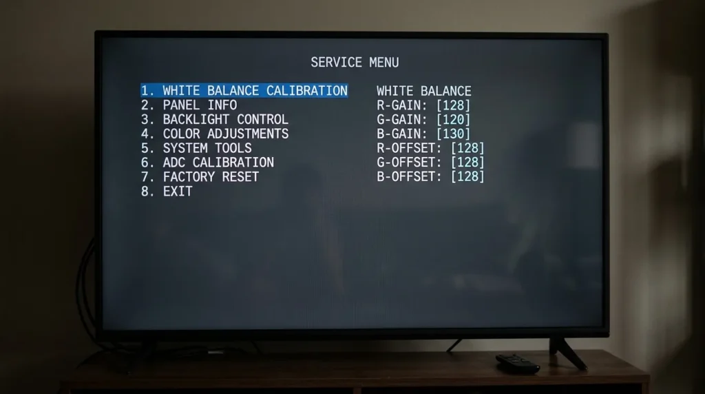 Vizio TV service menu screen showing White Balance, Panel Info, and Backlight Control options