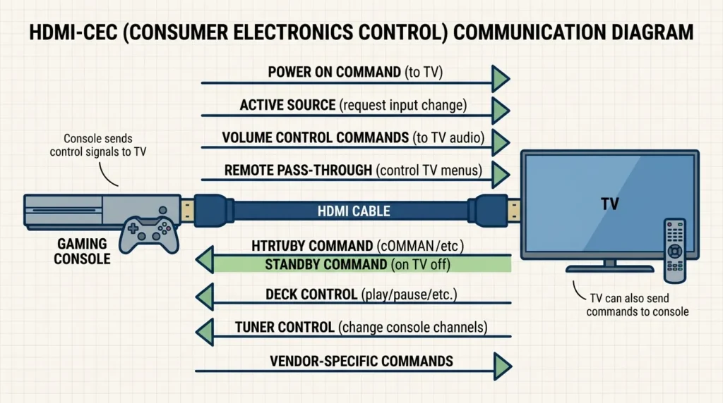 Diagram showing how HDMI-CEC enables device-to-TV communication and control