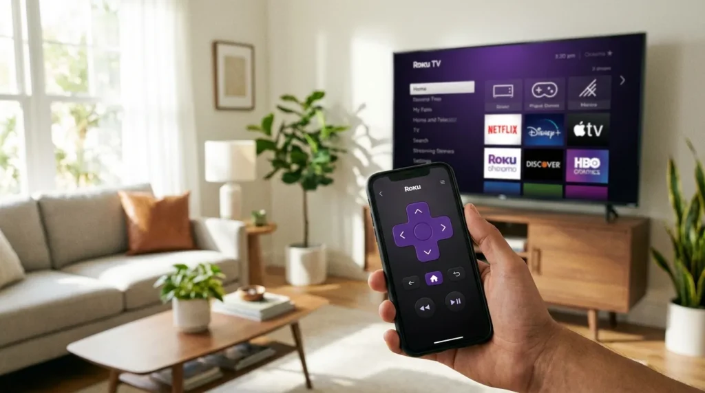 Hand holding smartphone with Roku remote app open, Roku TV on in background