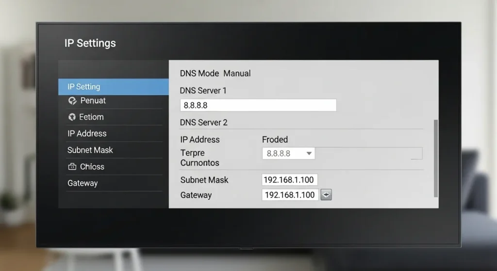 Samsung TV screen showing manual DNS server configuration with Google DNS