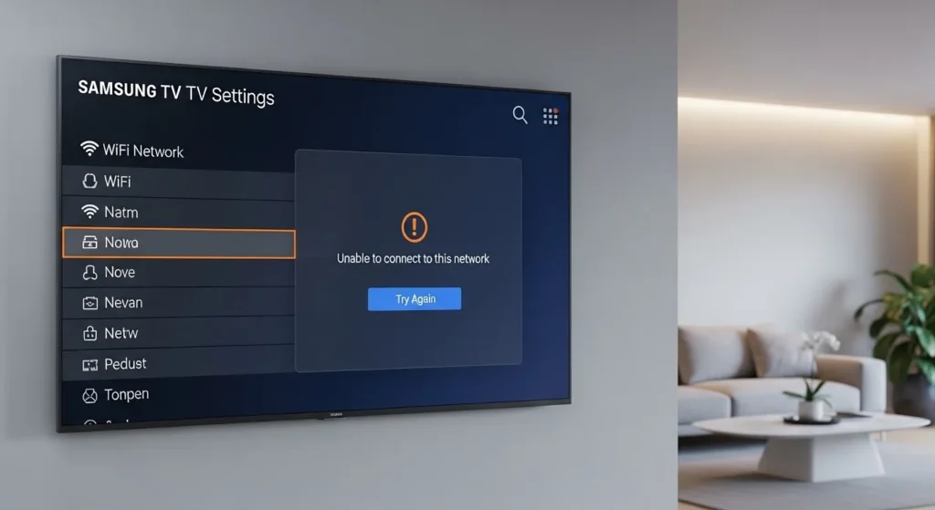 Samsung TV screen showing WiFi connection error and available networks list