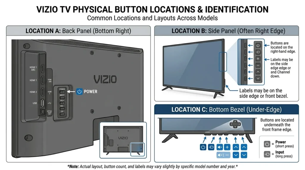 Diagram showing where to find physical buttons on different Vizio TV models